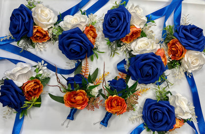 Orange Royal Blue Boutonniere Wedding Blue Burnt Orange Boutonnière Groom White Terracotta Royal Blue Boutonnières Artificial Flowers