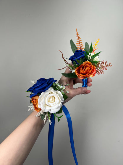 Orange Royal Blue Boutonniere Wedding Blue Burnt Orange Boutonnière Groom White Terracotta Royal Blue Boutonnières Artificial Flowers