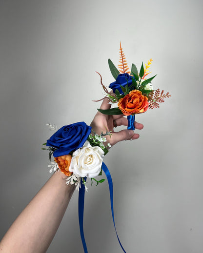 Royal Blue Orange Corsage Wedding Blue Burnt Orange Wrist Corsage Mom White Terracotta Royal Blue Corsage Bridesmaids Artificial Flowers