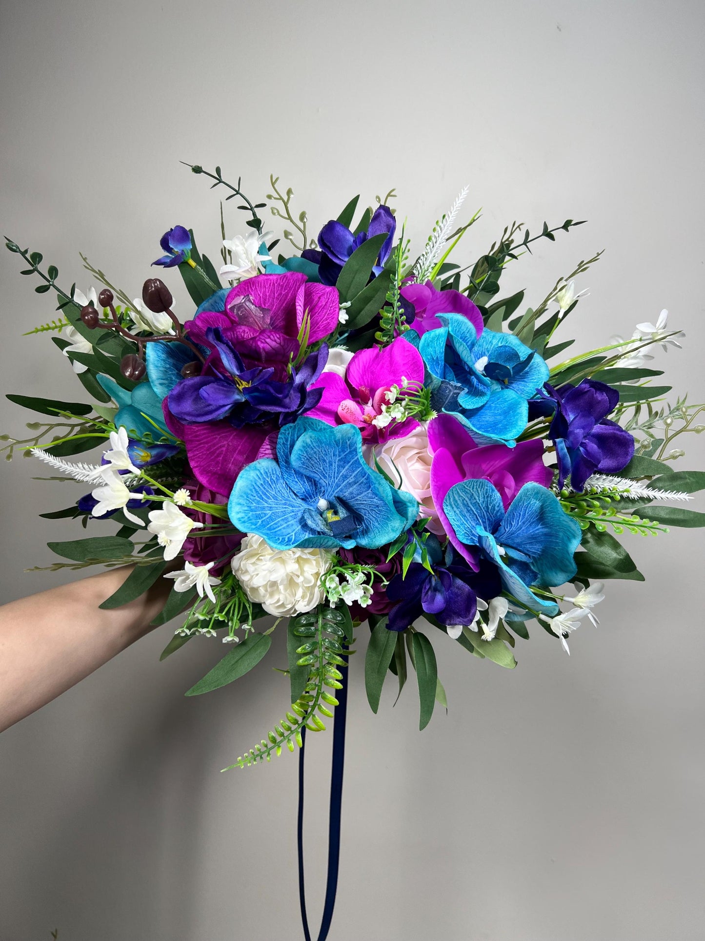 Jewel Tones Bouquet Bridal Teal Pink Wedding Bouquet Turquoise Magenta White Bouquet Orchid Calla Galaxy Blue Bouquet Tropical Artificial