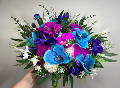 Jewel Tones Bouquet Bridal Teal Pink Wedding Bouquet Turquoise Magenta White Bouquet Orchid Calla Galaxy Blue Bouquet Tropical Artificial