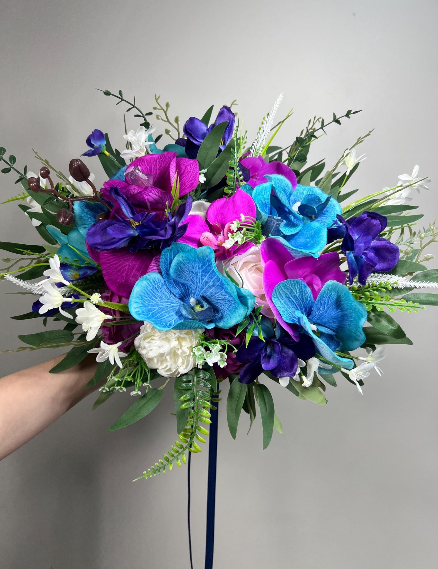 Jewel Tones Bouquet Bridal Teal Pink Wedding Bouquet Turquoise Magenta White Bouquet Orchid Calla Galaxy Blue Bouquet Tropical Artificial