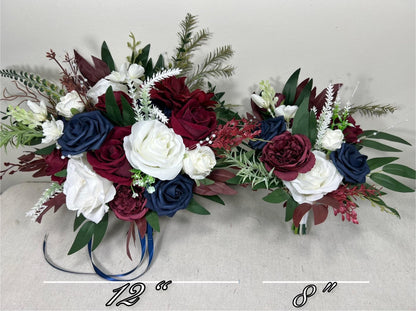 Burgundy Navy Wedding Bouquet With White Roses And Greenery