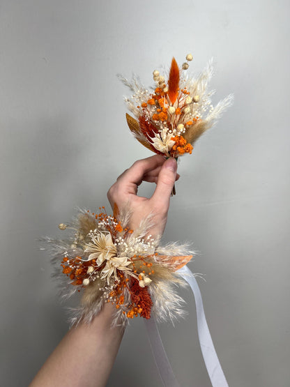 Terracotta Corsage Wedding Burnt Orange Boho Wrist Corsage Bridesmaids Baby Breath Terracotta Mom Corsage Pampas Grass Artificial Flowers