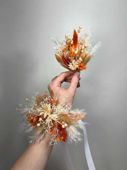 Terracotta Corsage Wedding Burnt Orange Boho Wrist Corsage Bridesmaids Baby Breath Terracotta Mom Corsage Pampas Grass Artificial Flowers