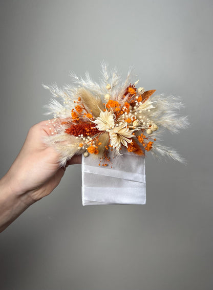 Rust Pocket Boutonnière Wedding Burnt Orange Boho Pocket Boutonniere Groom Baby Breath Terracotta Square Boutonnière Pampas Grass Artificial