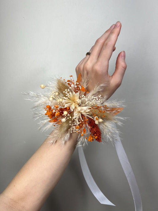 Terracotta Corsage Wedding Burnt Orange Boho Wrist Corsage Bridesmaids Baby Breath Terracotta Mom Corsage Pampas Grass Artificial Flowers