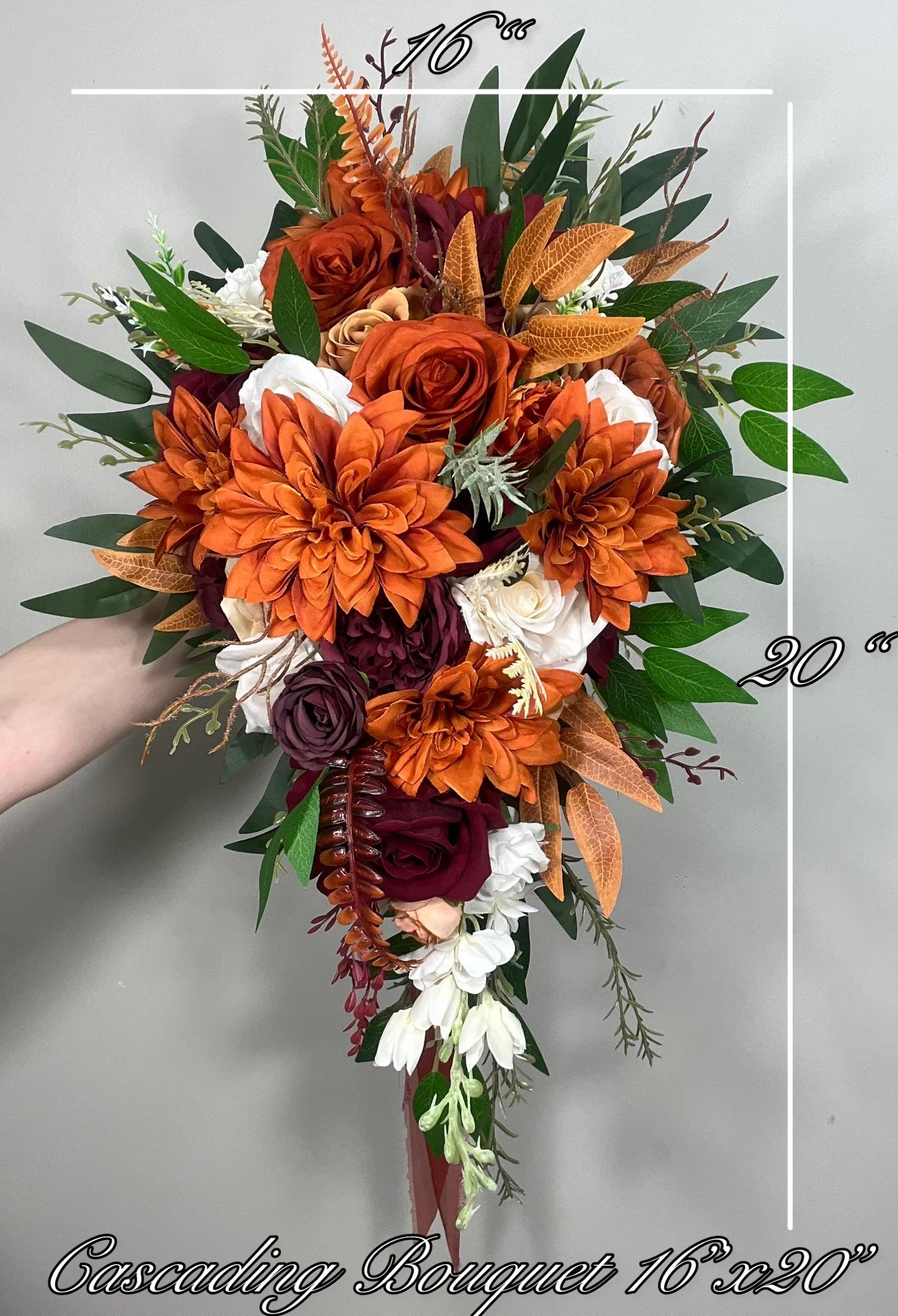 Wedding Bouquet Terracotta Rust Bouquet Bridesmaids Cinnamon Fall Burgundy Orange White Ivory Bouquet Artificial Flower