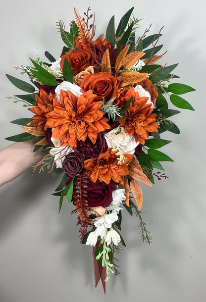 Rust Burgundy White Bouquet Bridal Cascade Terracotta Ivory Bouquet Cascading Burnt Orange Wine Red Bridesmaids Bouquet Eucalyptus