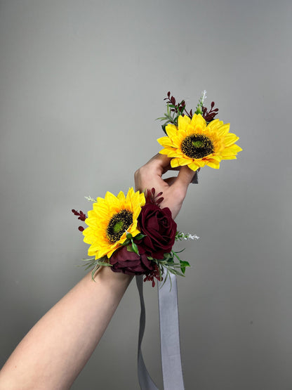 Sunflower Corsage Burgundy Wedding Sunflowers Wrist Corsage Maroon Sunflower Baby Breath Corsage Bridesmaids Wine Red Sunflower Prom Corsage