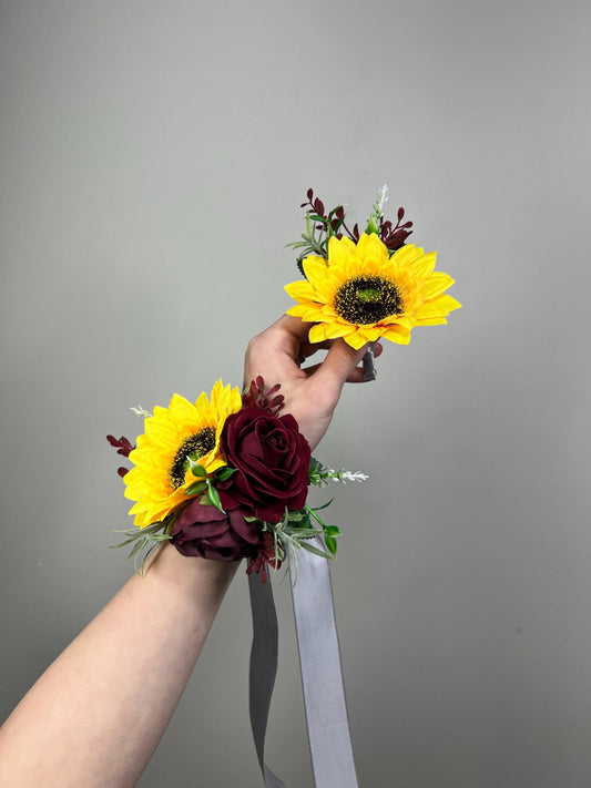 Sunflower Corsage Burgundy Wedding Sunflowers Wrist Corsage Maroon Sunflower Baby Breath Corsage Bridesmaids Wine Red Sunflower Prom Corsage