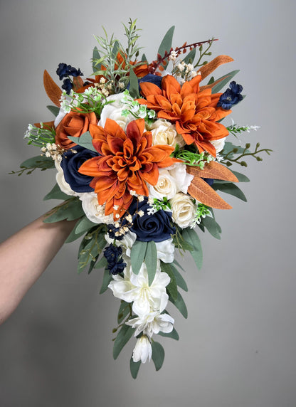 Navy Blue Terracotta Bouquet White Rust Dark Blue Bouquet Bridal Burnt Orange Navy Blue Ivory Bouquet Bridesmaids Sage Green Artiticial