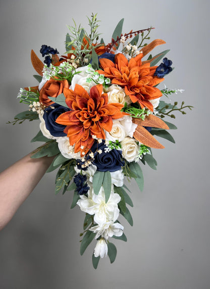 Navy Blue Orange Bouquet Cascade White Rust Blue Bouquet Bridal Cascading Terracotta Navy Blue Ivory Bouquet Bridesmaids Burnt Orange