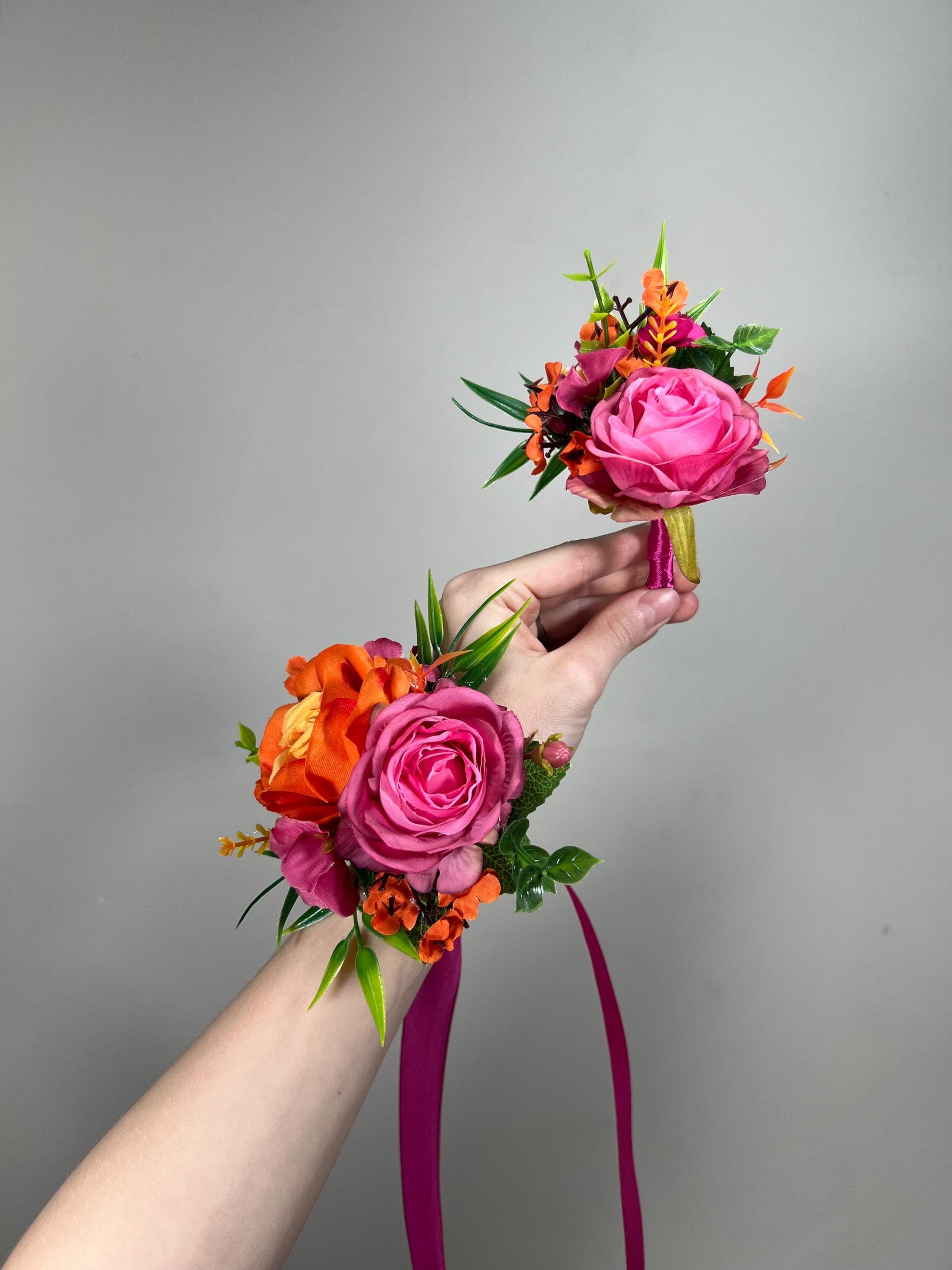 Fuchsia Orange Bouquet Bridal Wedding Hot Pink Burnt Orange Bouquet Bridesmaids Magenta Orange Tropical Bouquet Greenery Artificial Flower