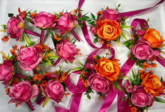 Hot Pink Orange Corsage Wedding Fuchsia Wrist Corsage Bright Summer Corsage Burnt Orange Pink Bridesmaids Corsage Tropical Rose Hot Pink