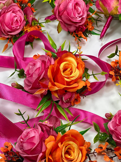 Hot Pink Orange Boutonniere Wedding Fuchsia Groom Boutonnière Bright Summer Burnt Orange Pink Groomsmen Boutonnières Tropical Rose Hot Pink