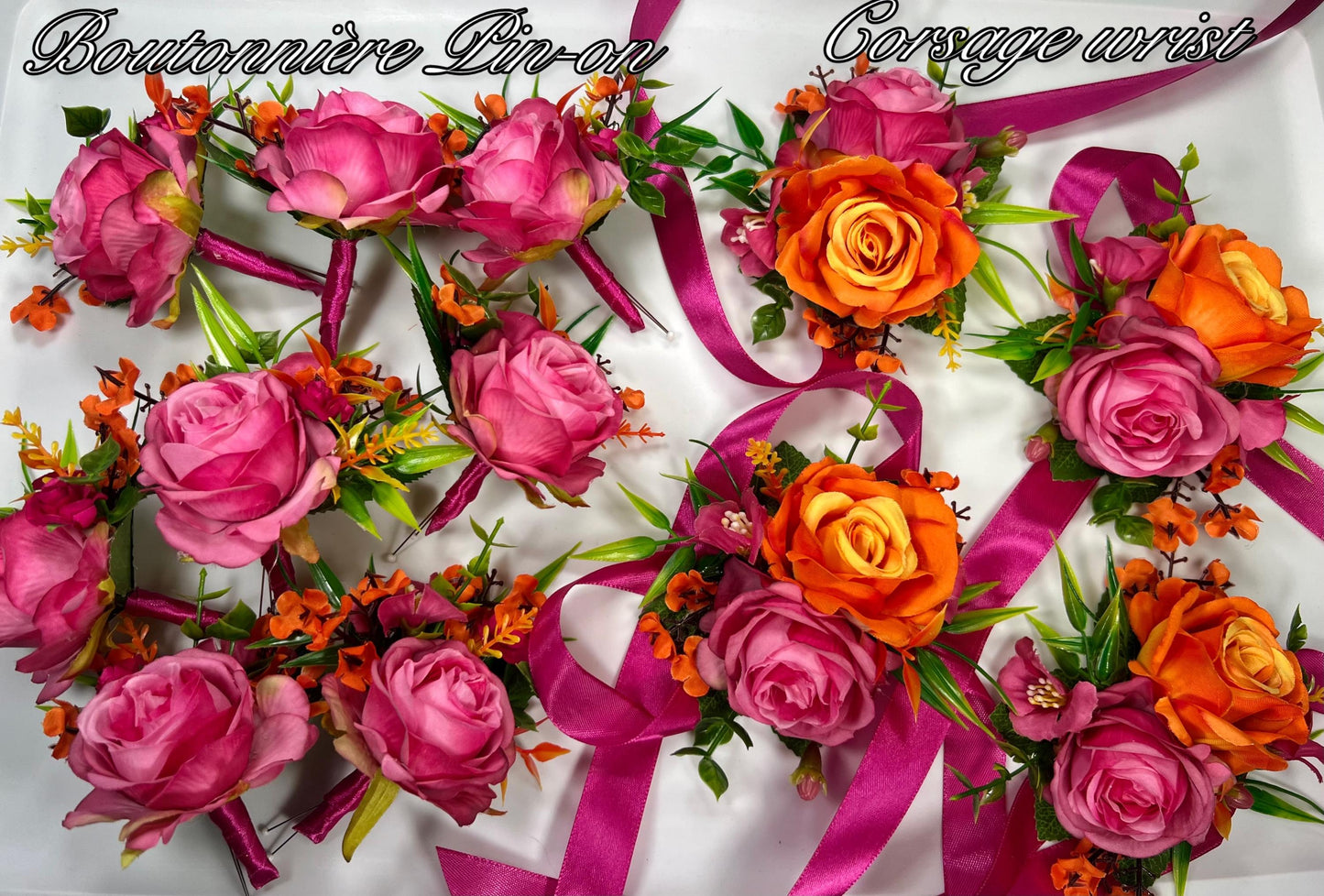 Hot Pink Orange Corsage Wedding Fuchsia Wrist Corsage Bright Summer Corsage Burnt Orange Pink Bridesmaids Corsage Tropical Rose Hot Pink