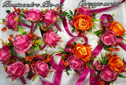 Hot Pink Orange Corsage Wedding Fuchsia Wrist Corsage Bright Summer Corsage Burnt Orange Pink Bridesmaids Corsage Tropical Rose Hot Pink