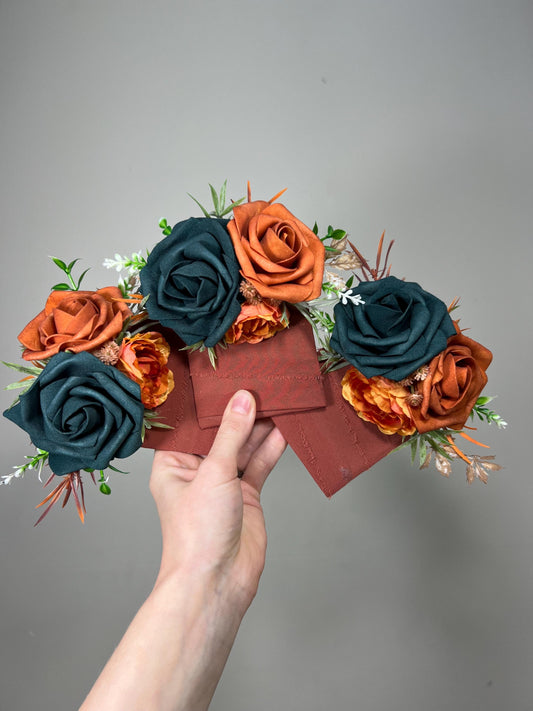 Dark Teal Pocket Boutonniere Wedding Rust Groom Boutonnière Square Teal Burnt Orange Groomsmen Terracotta Boutonniere Rust Dark Teal
