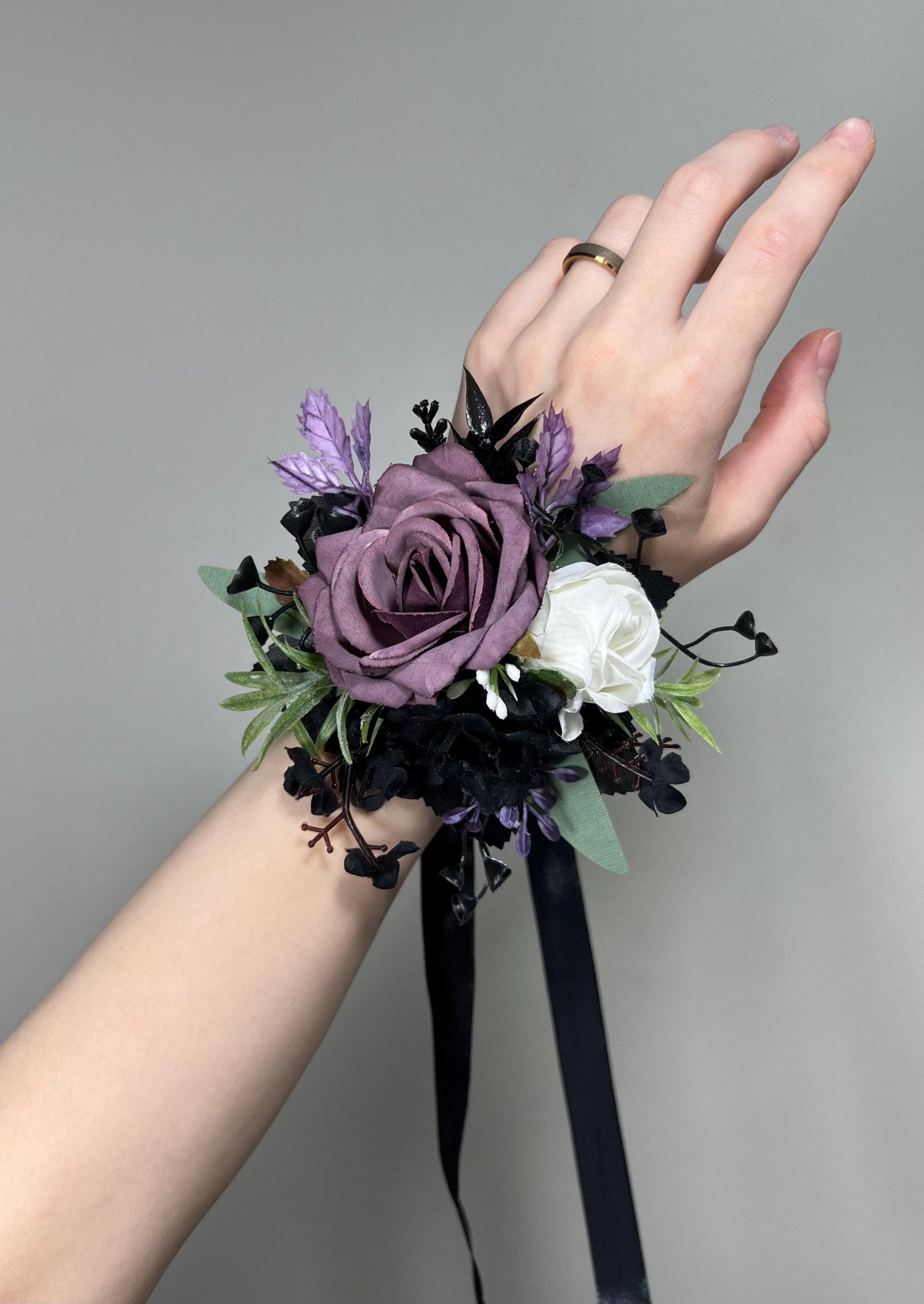 Black Plum White Corsage Wedding Gothic Wrist Corsage Bridesmaids Black Purple Corsage Mom Plum Black Dark Purple Corsage Artificial Flower