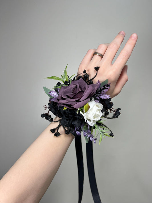 Black Plum White Corsage Wedding Gothic Wrist Corsage Bridesmaids Black Purple Corsage Mom Plum Black Dark Purple Corsage Artificial Flower