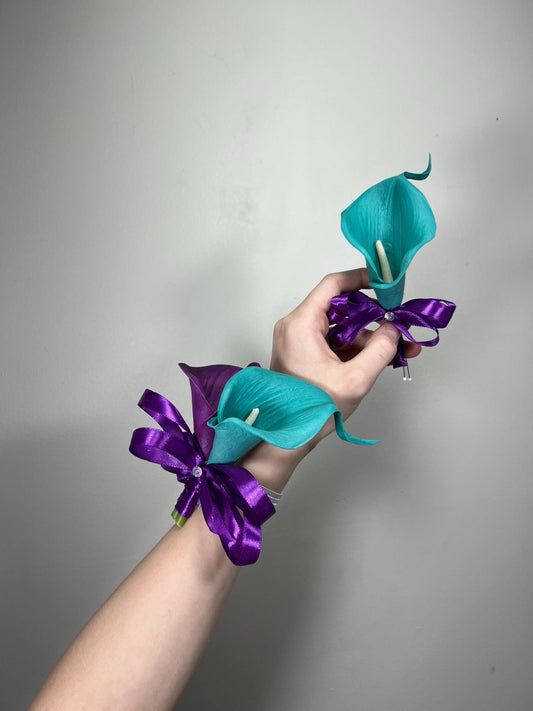 Calla Lily Corsage Wedding Teal Purple Calla Lily Wrist Corsage Teal Blue Calla Lilies Real Touch Royal Purple Corsage Bridesmaids