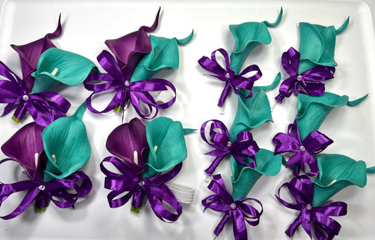 Calla Lily Corsage Wedding Teal Purple Calla Lily Wrist Corsage Teal Blue Calla Lilies Real Touch Royal Purple Corsage Bridesmaids