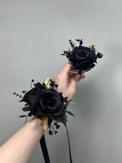 Black Boutonniere Wedding Groom Black Boutonnières Gold Black Groomsmen Gothic Artificial Flowers Boutonnière Halloween Boutonniere Black