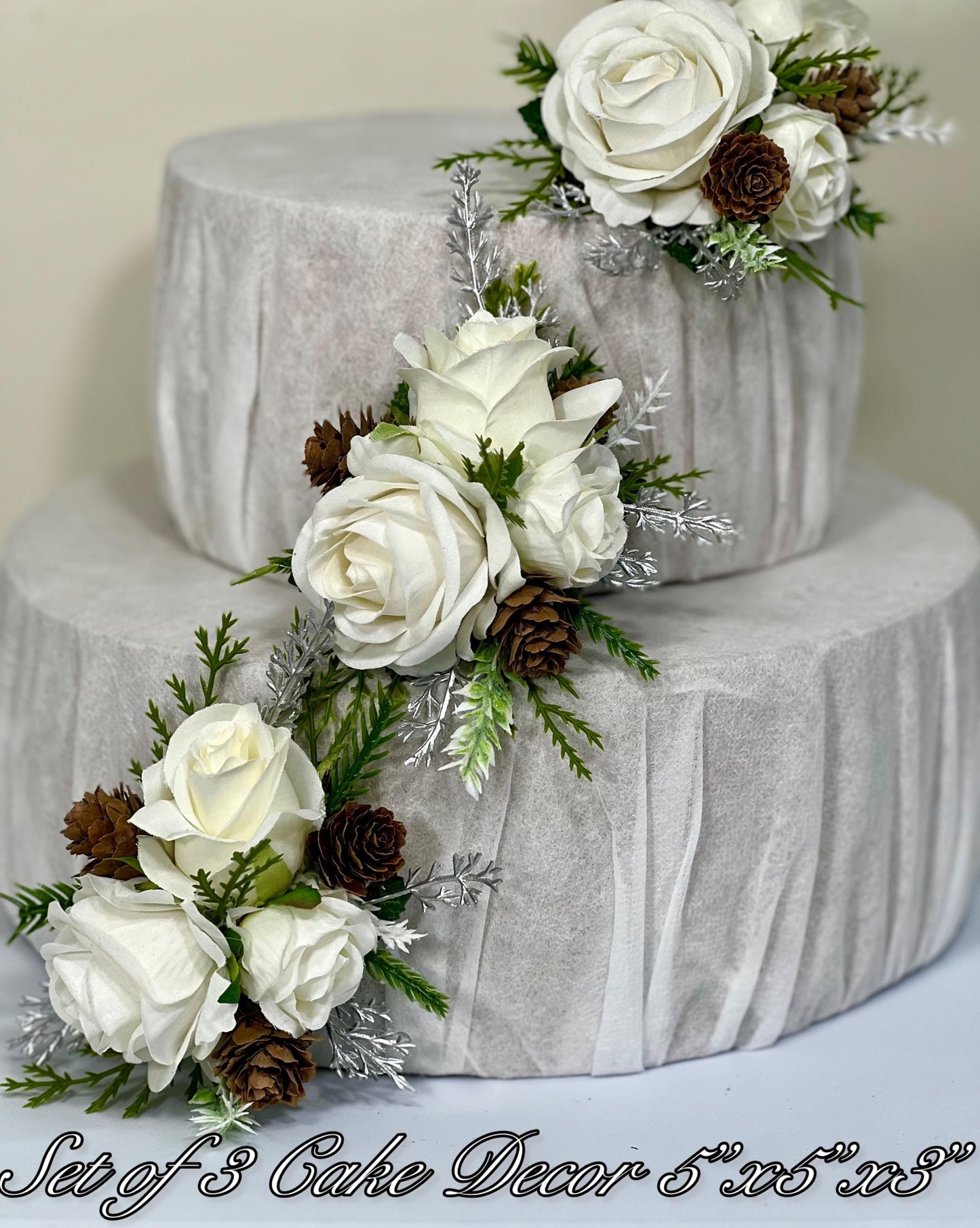 Christmas Cake Decor Wedding White Cake Flower Topper Pine Cone Winter Cake Decoration Silver Christmas White Pine Arrificial Flowers