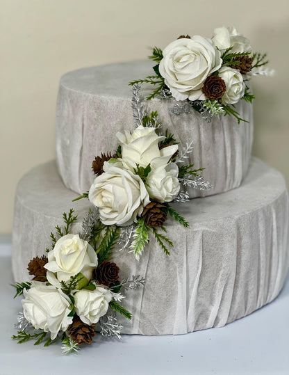 Christmas Cake Decor Wedding White Cake Flower Topper Pine Cone Winter Cake Decoration Silver Christmas White Pine Arrificial Flowers