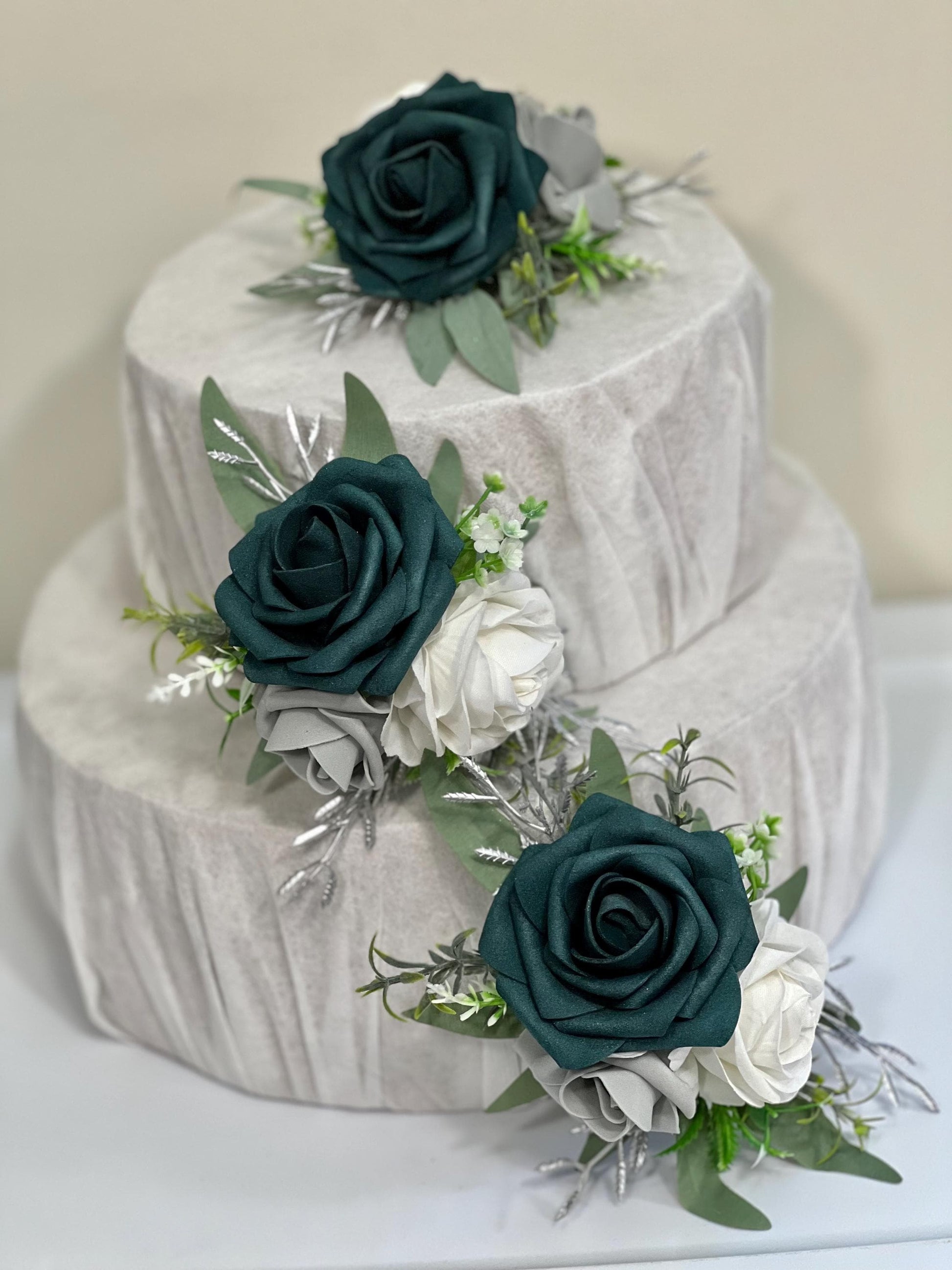 Teal Cake Decoration White Cake Topper Dark Teal Decor Cake Arrangements Teal White Gray Wedding Cake Decoration Silver Flower Topper