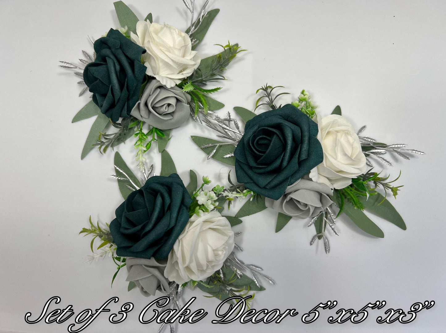 Teal Cake Decoration White Cake Topper Dark Teal Decor Cake Arrangements Teal White Gray Wedding Cake Decoration Silver Flower Topper