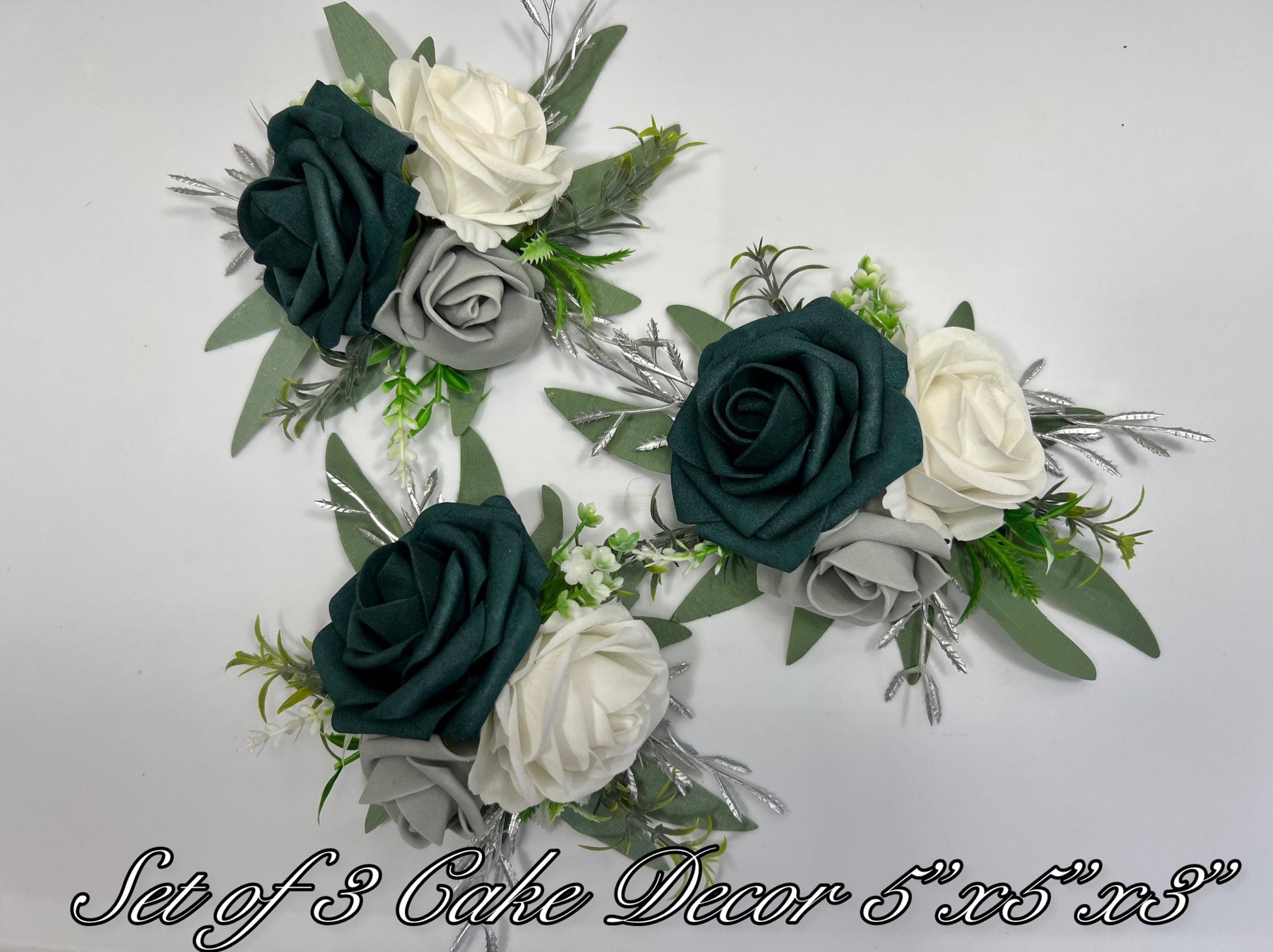 Teal Cake Decoration White Cake Topper Dark Teal Decor Cake Arrangements Teal White Gray Wedding Cake Decoration Silver Flower Topper