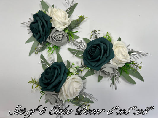 Teal Cake Decoration White Cake Topper Dark Teal Decor Cake Arrangements Teal White Gray Wedding Cake Decoration Silver Flower Topper