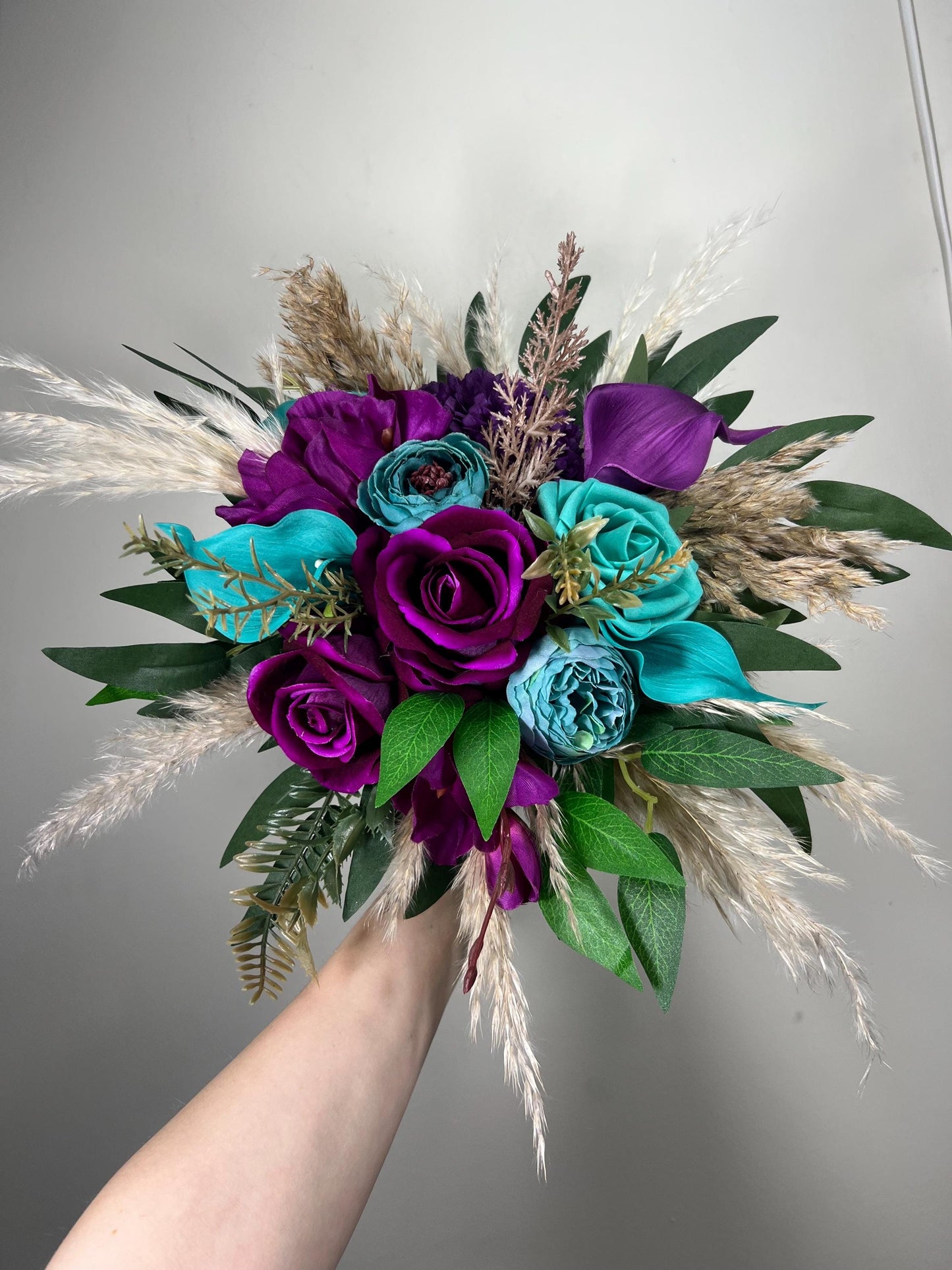 Teal Purple Bouquet Bridal Wedding Turquoise Royal Purple Bouquet Bridesmaids Teal Blue Aqua Bouquet Pampas Grass Eggplant Artificial Flower