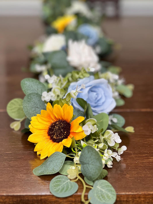 Sunflower Garland Wedding White Blue Eucalyptus Garland Greenery Baby Blue Decor Table Runner Ivory Sunflowers Mantle Garland Artificial
