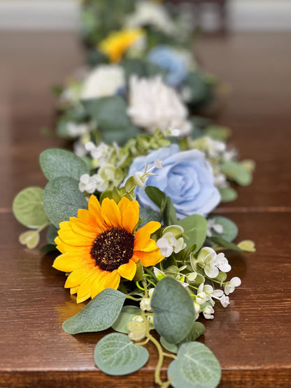 Sunflower Garland Wedding White Blue Eucalyptus Garland Greenery Baby Blue Decor Table Runner Ivory Sunflowers Mantle Garland Artificial