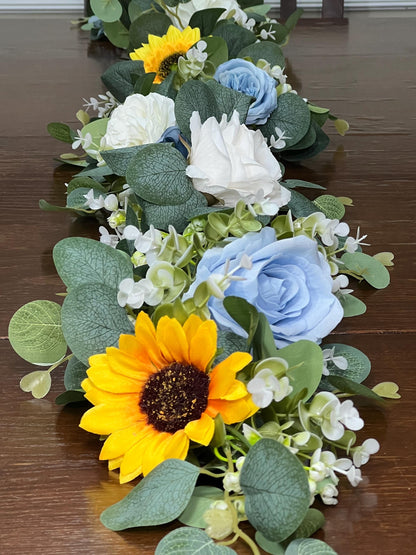 Sunflower Garland Wedding White Blue Eucalyptus Garland Greenery Baby Blue Decor Table Runner Ivory Sunflowers Mantle Garland Artificial