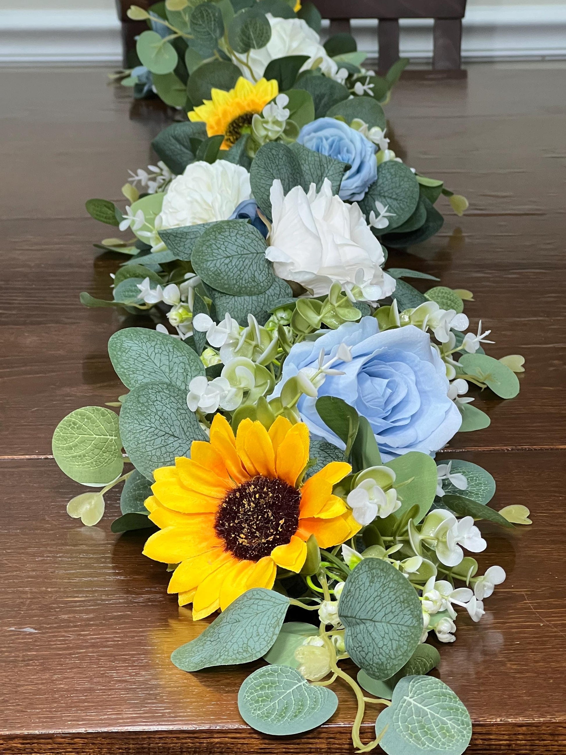 Sunflower Garland Wedding White Blue Eucalyptus Garland Greenery Baby Blue Decor Table Runner Ivory Sunflowers Mantle Garland Artificial
