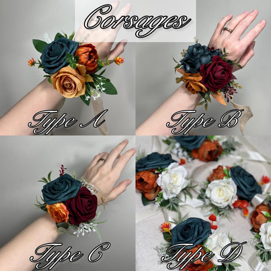 Dark Teal Bouquet Bridal White Terracotta Burgundy Bridesmaids Bouquet Burnt Orange Bouquet Teal Burgundy Rust Ivory Artificial Flowers
