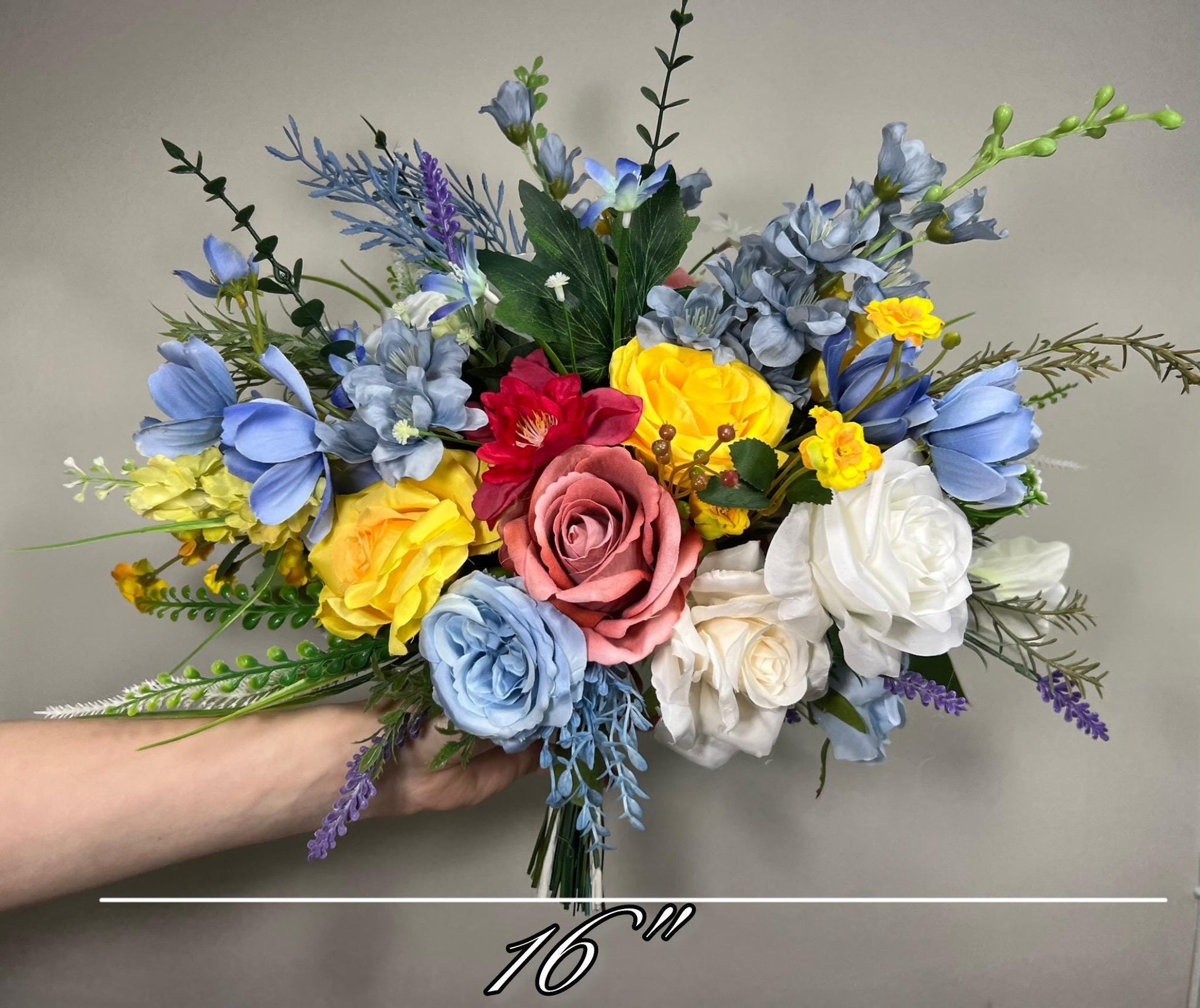 Summer Bouquet WildFlowers White Blue Bridal Yellow Spring Bouquet Ivory Dusty Blue Light Bridesmaids Bouquet Colorful Artificial Flowers