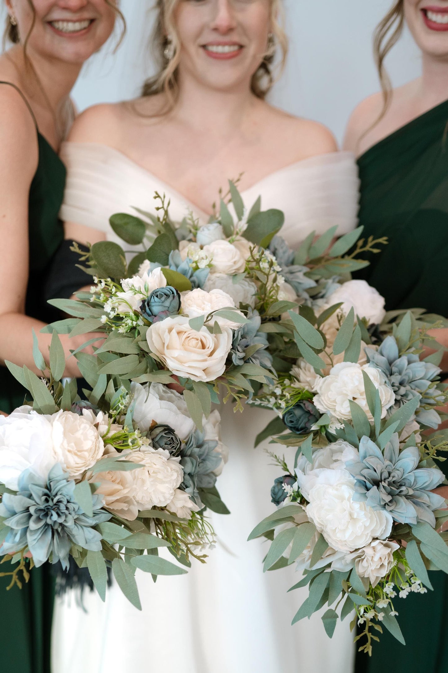 Dusty Blue White Bouquet Wedding Bridal Bouquet Ivory Dusty Blue Bouquet Bridesmaids Blue Cream Bouquet Eucalyptus Artificial Flower