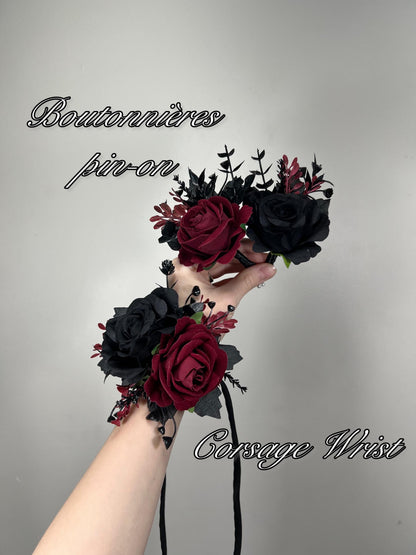 Black Burgundy Corsage Wedding Gothic Wrist Corsage Bridesmaids Black Corsage Mom Black Burgundy Accessories Artificial Flower