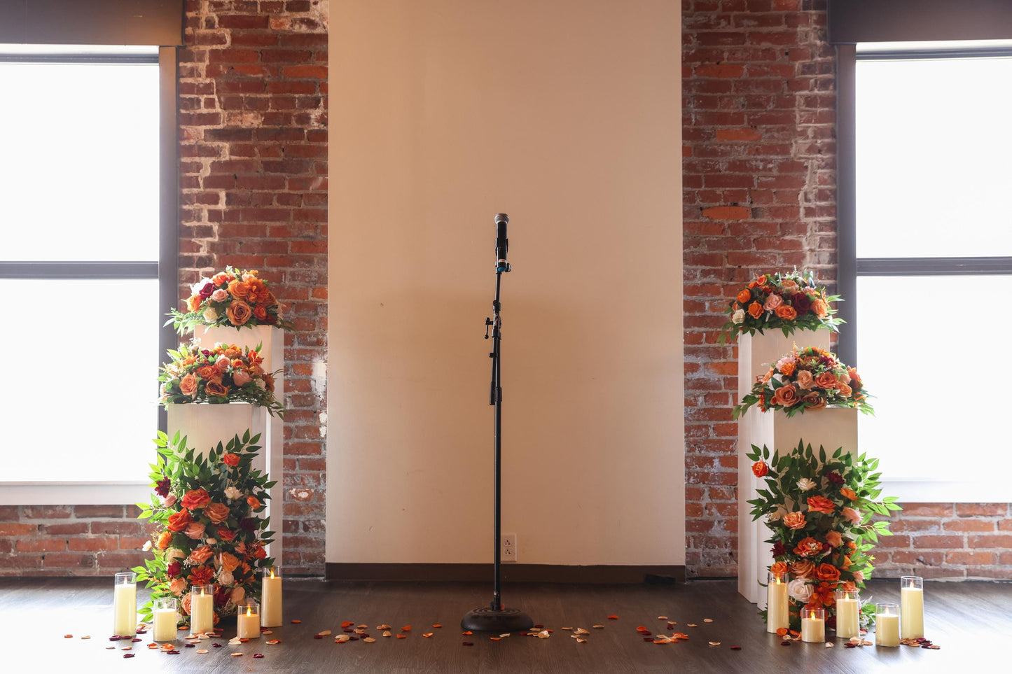 Wedding Aisle Marker Flower Floor Arrangement Whiskey Barrel Décor White Orange Ground Arch Burgundy Ivory Terracotta Peach Burnt