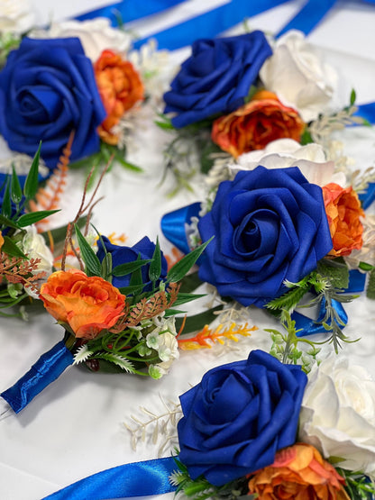 Orange Royal Blue Boutonniere Wedding Blue Burnt Orange Boutonnière Groom White Terracotta Royal Blue Boutonnières Artificial Flowers