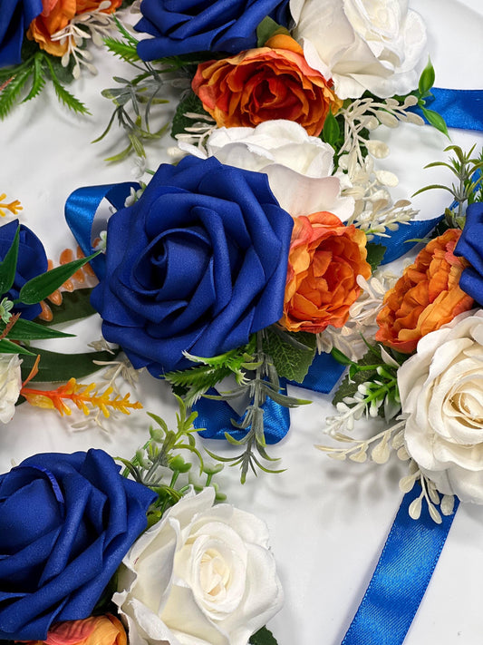 Orange Royal Blue Boutonniere Wedding Blue Burnt Orange Boutonnière Groom White Terracotta Royal Blue Boutonnières Artificial Flowers