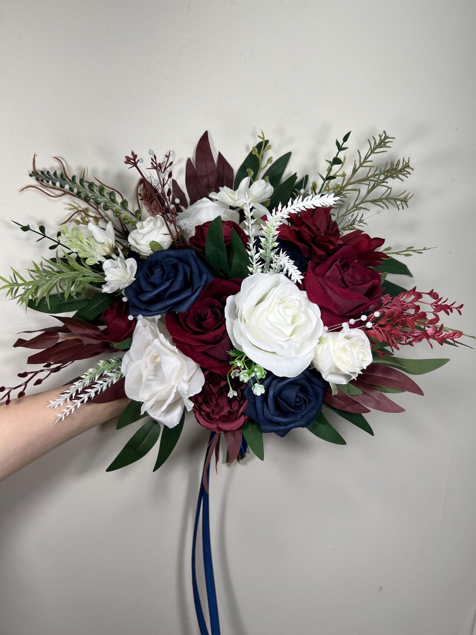 Burgundy Navy Blue White Bouquet Bridal Wine Red Dark Blue Bouquet Bridesmaids Dark Red Blue Ivory Winter Bouquet Pearls Artificial Flowers