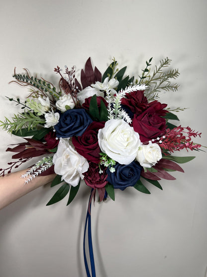 Burgundy Navy Blue White Bouquet Bridal Wine Red Dark Blue Bouquet Bridesmaids Dark Red Blue Ivory Winter Bouquet Pearls Artificial Flowers