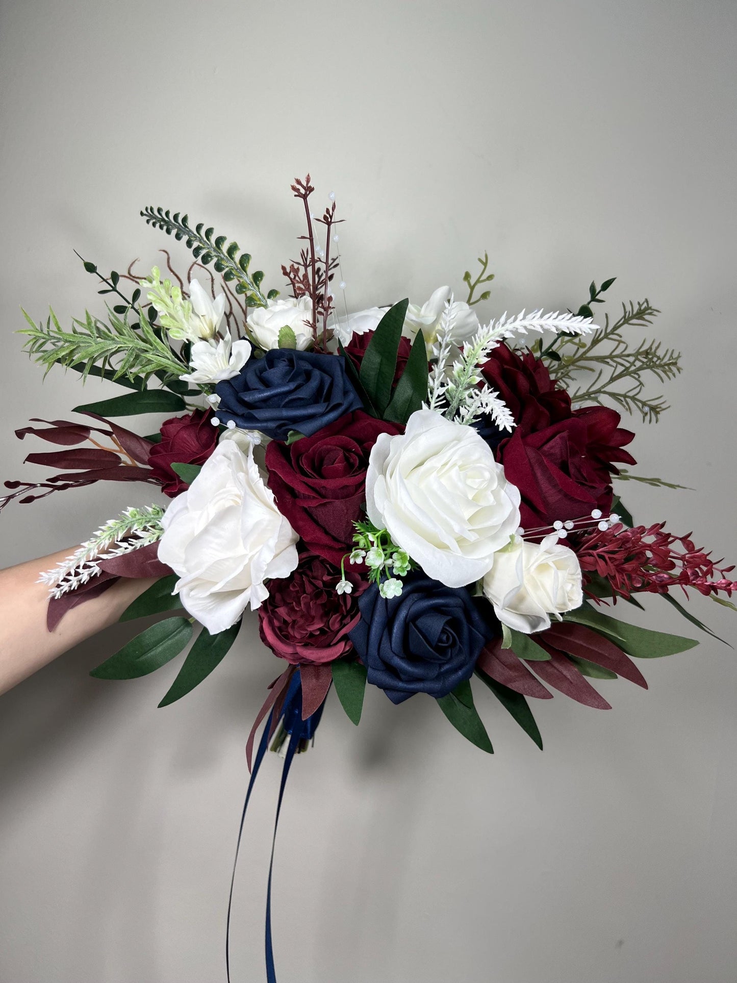 Burgundy Navy Blue White Bouquet Bridal Maroon Navy Blue Bouquet Bridesmaids Dark Red Blue Ivory Winter Bouquet Pearls Artificial Flowers
