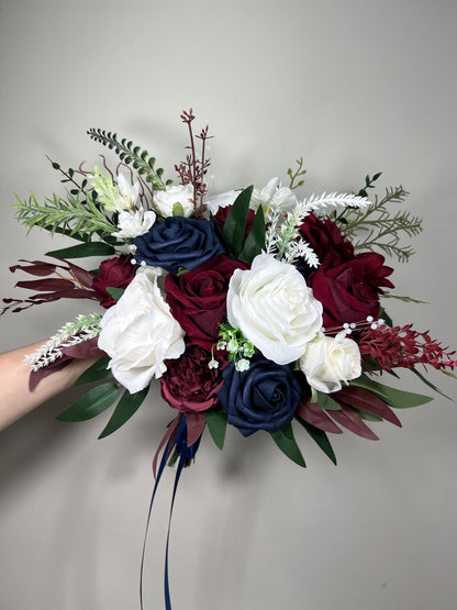 Burgundy Navy Blue White Bouquet Bridal Maroon Navy Blue Bouquet Bridesmaids Dark Red Blue Ivory Winter Bouquet Pearls Artificial Flowers